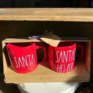 NEW SET of 2 Rae Dunn Red & White Coffee Mugs/Cups  - SANTA & SANTA’S HELPER